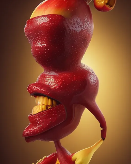 Image similar to a fruit figurine monster, apple head, banana hair, surrealist oil painting, highly detailed, dramatic lighting, hyperrealistic, 8 k, artstation, cgsociety