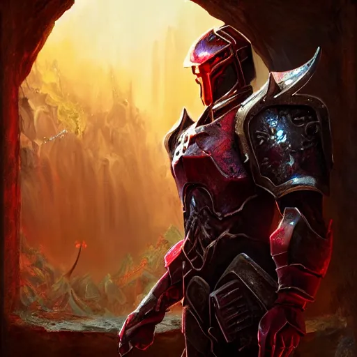 Prompt: blood knight, glowing halo, fantasy art, red intricate armor, located in a castle, morning sunlight through the window, decorated, high quality, highly detailed, 4 k