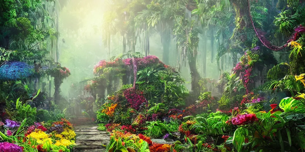 Image similar to An alien jungle, colorful flowers, pathway, reflection, rain, morning light, photorealistic, realistic, depth of field, temple ruins!, high definition, soft light, high definition, detailed, 8k, artstation