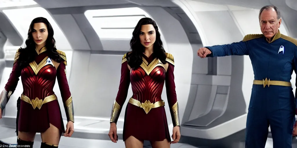 Image similar to Gal Gadot, in full starfleet uniform, is the captain of the starship Enterprise in the new Star Trek movie