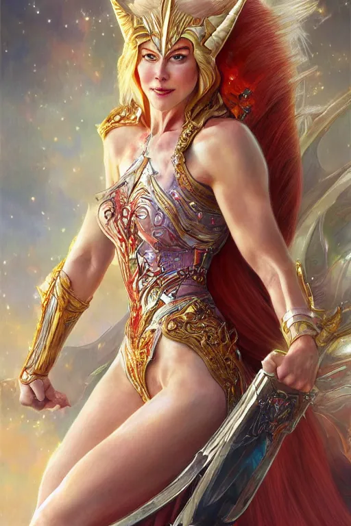 Image similar to ultra realistic illustration, nicole kidman dressed as she - ra the princess of power, sci - fi, fantasy, intricate, elegant, highly detailed, digital painting, artstation, concept art, smooth, sharp focus, illustration, art by artgerm and greg rutkowski and alphonse mucha