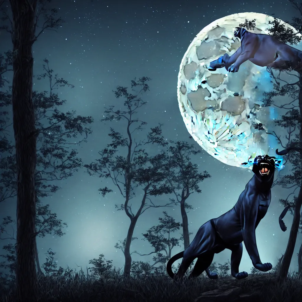 Image similar to a panther roaring at the moon in a forest during the night, large moon in the center. high quality. artistic. illustration. 4 k. cinematic. photoreal. highly detailed. dramatic. dark colors. night.