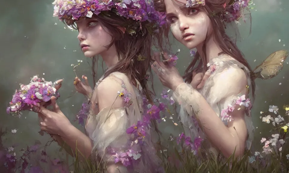 Image similar to Fairy princess sloth with crown of flowers, Greg Rutkowski, ArtStation, CGSociety, Unreal Engine