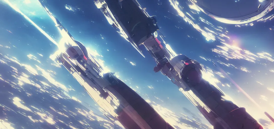 Image similar to Anime Still of a Spaceship being built on Earth, flat color, synthwave, tokyo futuristic and clean, hyper realistic, straight lines 8k hdr pixiv dslr photo by Makoto Shinkai ilya kuvshinov and Wojtek Fus, digital art, concept art