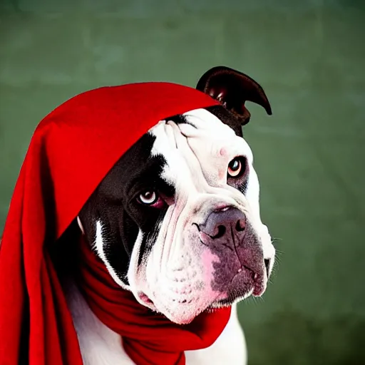 Image similar to portrait of american bulldog as afghan girl, green eyes and red scarf looking intently, photograph by steve mccurry