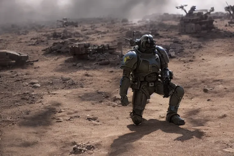 Image similar to VFX movie of a futuristic spacemarine in war zone, shooting gun natural lighting by Emmanuel Lubezki