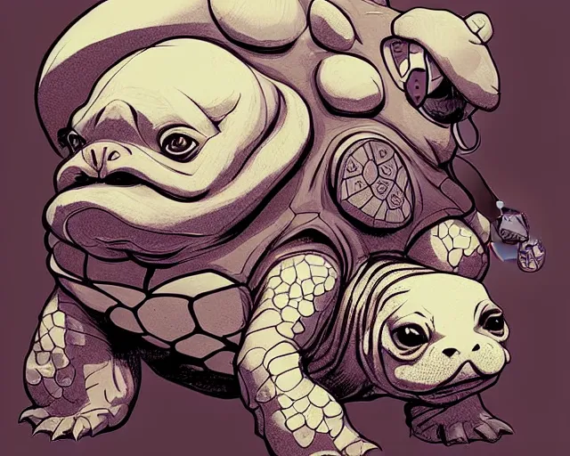 Image similar to cell shaded cartoon of a baby turtle with a bulldog's head, concept art by josan gonzales and wlop, by james jean, victo ngai, david rubin, mike mignola, deviantart, art by artgem