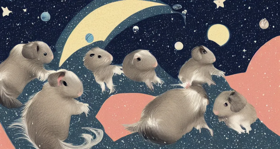 Image similar to back view of many baby guineapigs on the cover of vogue magazine flying in space suits, deep dark universe, twinkling and spiral nubela, warmhole, beautiful stars, 4 k, 8 k, by hokusai, samurai man vagabond, detailed, editorial illustration, matte print, concept art, ink style, sketch, digital 2 d