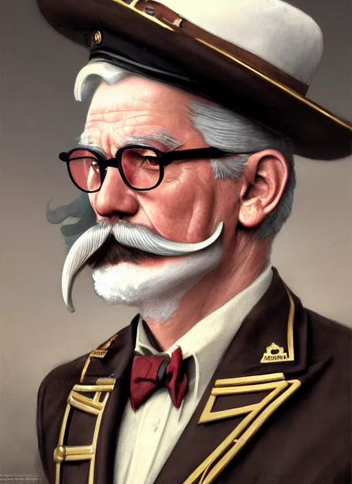 Image similar to close up portrait of colonel sanders, decorated civil war veteran, long handlebar mustache, union uniform by artgerm, cushart krenz, greg rutkowski, mucha. art nouveau. gloomhaven, military symbolism, pale colors, sharp edges. ultra clear detailed. 8 k. elegant, intricate, octane render