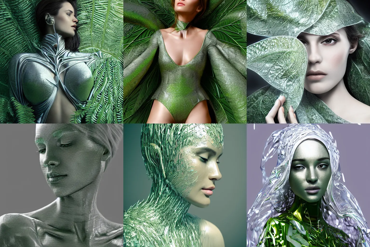 Prompt: a highly detailed digital image of a silver covered elegantly posed futuristic woman beautifully cocooned in green leafy foliage like leaves shot, full body shot, by Andrew Chiampo, artstation, and Frederik Heyman, extremely detailed woman, stunning volumetric lighting, hyper realism, fantasy 4k