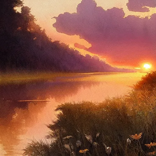 Image similar to River leading into a sunset, Watercolor, photorealistic, high resolution, award winning, trending on artstation, intricate, elegant, highly detailed, digital painting, artstation, concept art, smooth, sharp focus, illustration, art by artgerm and greg rutkowski and alphonse mucha