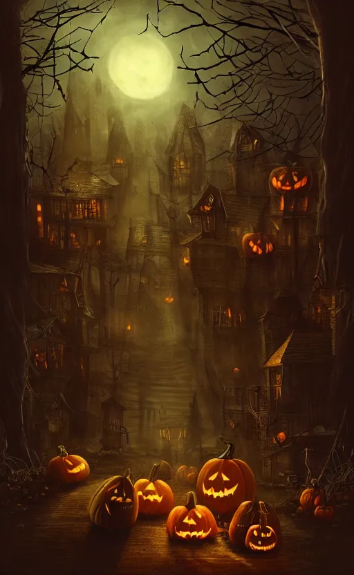 Image similar to a creepy and eery Halloween setting, with Jack o lanterns on the street and shadow figures lurking about, dynamic lighting, photorealistic fantasy concept art, stunning visuals, creative, cinematic, ultra detailed, trending on art station, spooky vibe