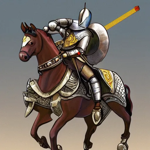 Prompt: a mounted knight in full armor and a lance, riding in a jousting tournament, dnd illustration