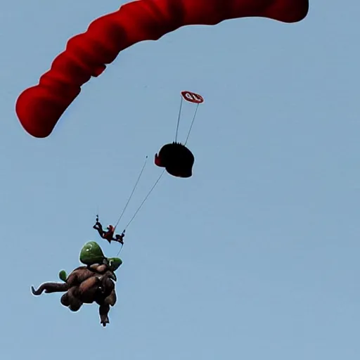 Image similar to baby yoda skydiving, realistic, highly detailed, cinematic