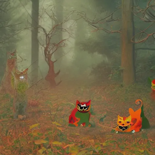 Image similar to A series of angry cats fighting with phoenix dogs in a murky forest with volumetric fog in the style of louis wain high detail trending on artstation octane render impasto