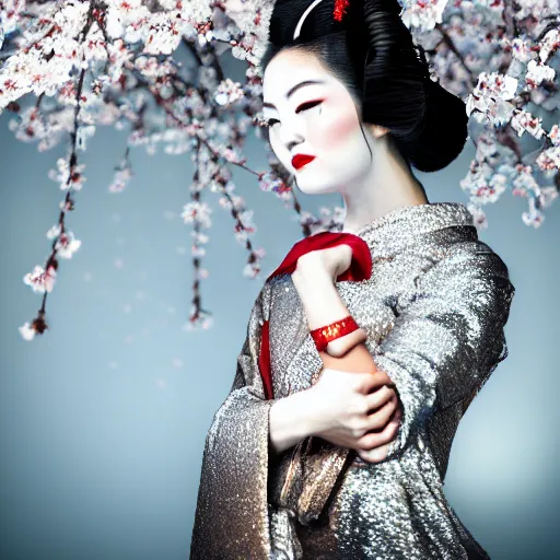 Prompt: portrait of a geisha dressed in metallic clothes, in a ice castle, with cherry blossom flowers around her, award winning photography