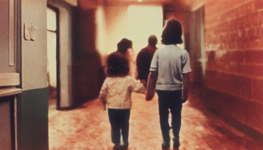 Prompt: 7 0 s film still from a horror movie with small child and elderly adult holding hands inside of a liminal space, back room, kodachrome, cinecolor, cinestill, photorealism, cinematic, film grain, film texture, vhs recording