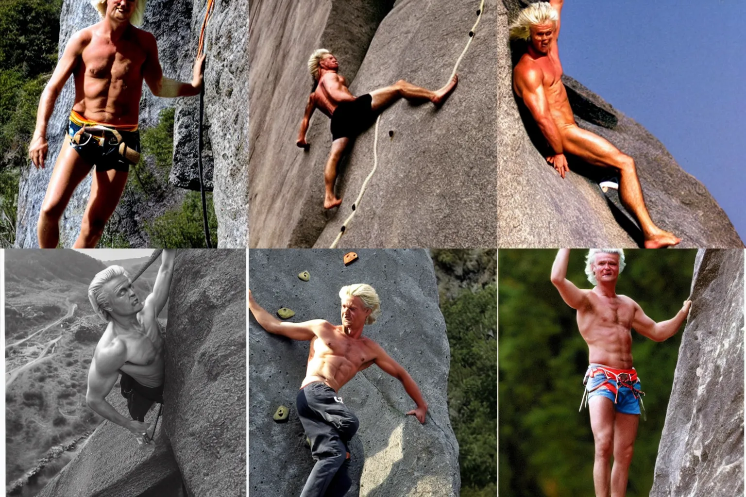 Prompt: geert wilders shirtless free climbing