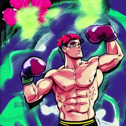 Image similar to handsome boxer, punching, wearing neon boxing outfit, bodybuilder posing, portrait surrounded by hibiscus flowers, jojo cover art, jojo anime style, david production, style of vento aureo cover art, style of stone ocean cover art, style of steel ball run cover art, style of jojolion cover art, ilya kuvshinov style, illustrated by hirohiko araki