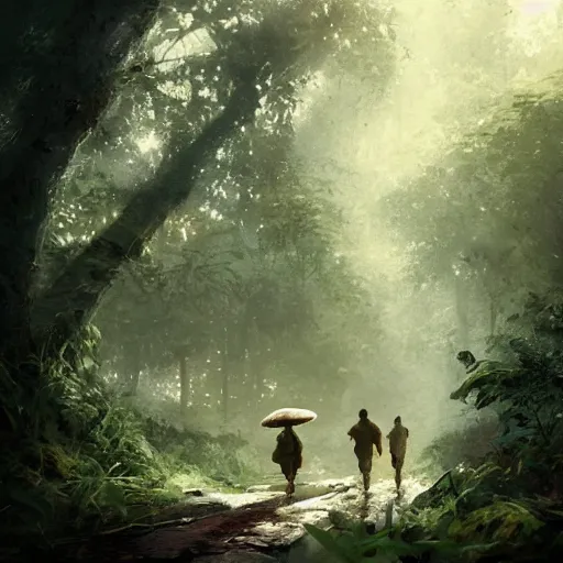 Image similar to tiny mushroom people walking by a stream in a lush forest, dramatic lighting, illustration by Greg rutkowski, yoji shinkawa, 4k, digital art, concept art, trending on artstation