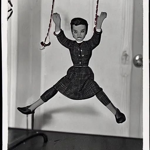 Prompt: 1 9 5 0 s children toys on strings leaping towards you, scary, fear, horror, thriller, jump scare, pov, polaroid,