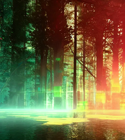 Prompt: daydreaming of the sun glares, fluidity transparent dance of the blockchain sheets, cyberpunk forest, majestic light, octane render, beauty fog, ethereal glare of the sun, raining rainbow, volumetric lighting, hyperealistic, epic, masterpiece