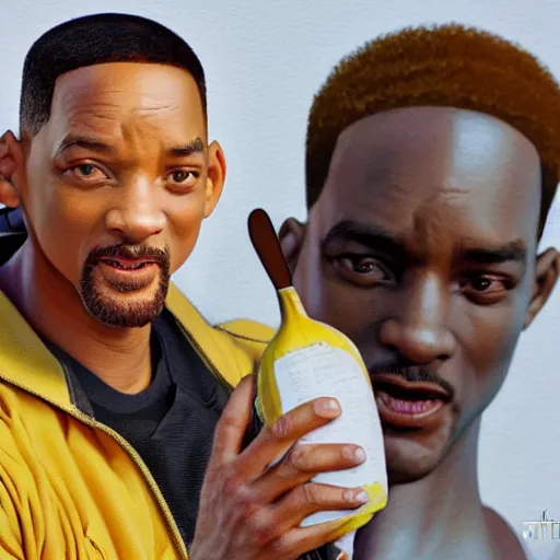 Prompt: Will Smith slapping a big banana, 8k, detailed face, extremly detailed, illustration, art, behance, sharp