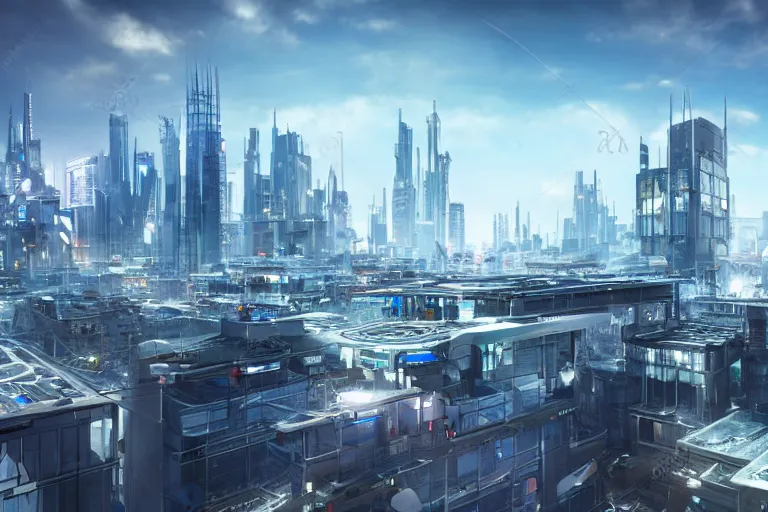 Image similar to rooftop view of a futuristic city highly detailed, photorealistic portrait, bright studio setting, studio lighting, crisp quality and light reflections, unreal engine 5 quality render