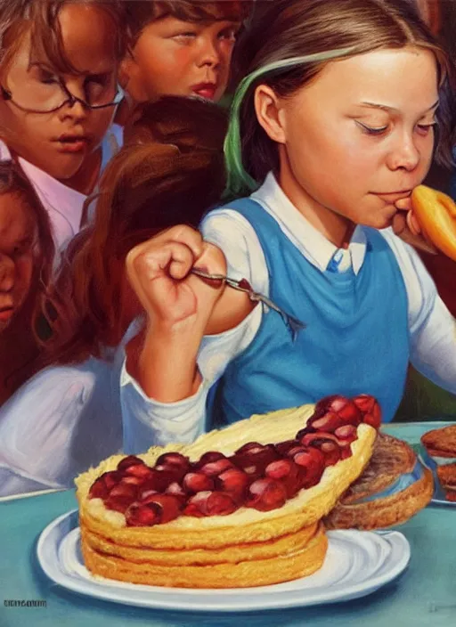 Image similar to greta thunberg eating cakes, artwork by earl norem, detailed digital art, trending on Artstation