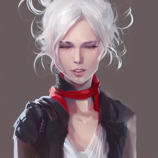 Prompt: portrait of a girl sorcerer with white hair in a messy white hairbun. She is wearing a short black tshirt, jeans pants, a red scarf. digital art, character design. in the style of wlop, rossdraws, artstation trending