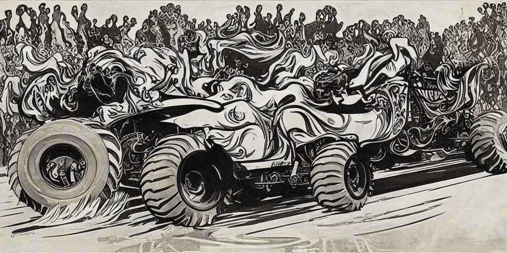 Image similar to monster truck rally, Alphonse Mucha