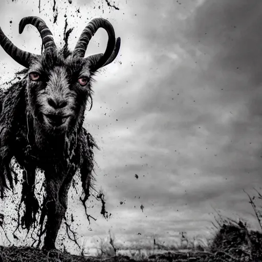 Image similar to horror, moody, still from film, daytime, muddy village square, wide shot, screeching mutant goat monster, powerful, with a mouth crammed full of filthy jagged teeth, matted brown fur, in muddy medieval village square