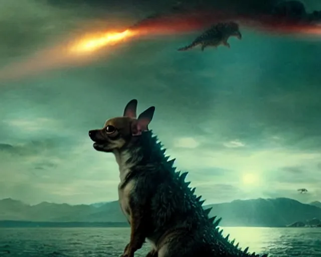 Prompt: godzilla as a chihuahua in a Godzilla: King of the Monsters still film directed by Christopher Nolan, shooting beams from its mouth and toppling over cities, epic action scene