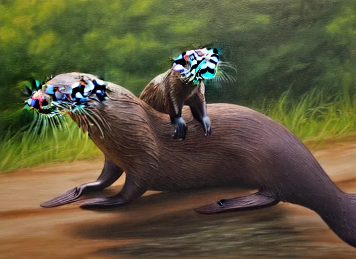 Image similar to Otter riding a DRZ 400s, realism painting, 8k, detailed,