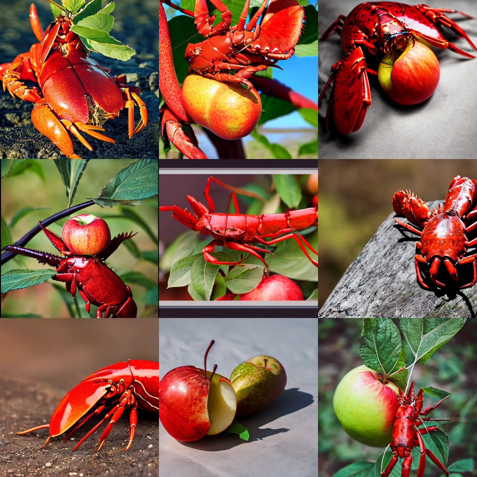 Prompt: a lobster-apple, wildlife fruit photography