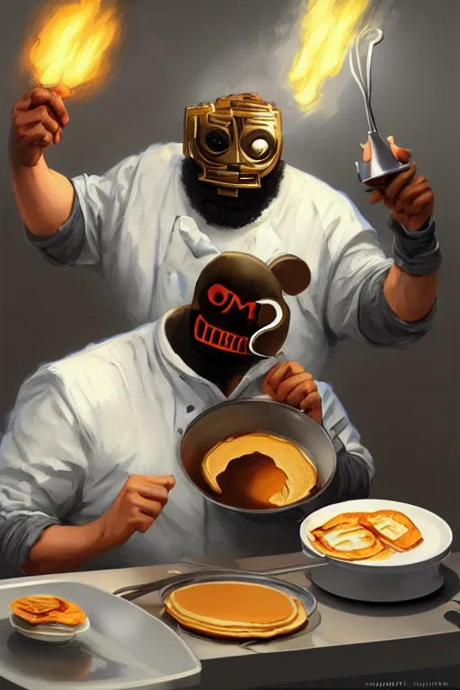 Image similar to mf doom as cooking pancakes animation pixar style,, fun, incredible detail, lighting poster by magali villeneuve, artgerm, jeremy lipkin and michael garmash, rob rey and kentaro miura style, trending on art station