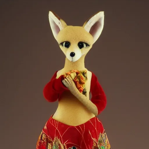 Prompt: a saturated view of a toy fox wearing a beautiful dress, highly detailed, exquisite, fabulous