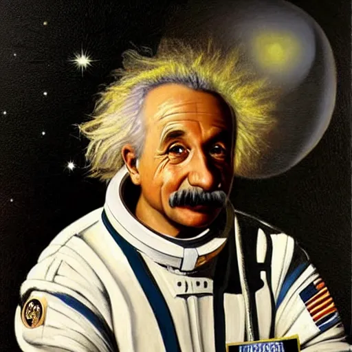 Prompt: painting of Einstein as an astronaut wearing a big nasa helmet by George Stubbs, renaissance painting, oil painting, old master