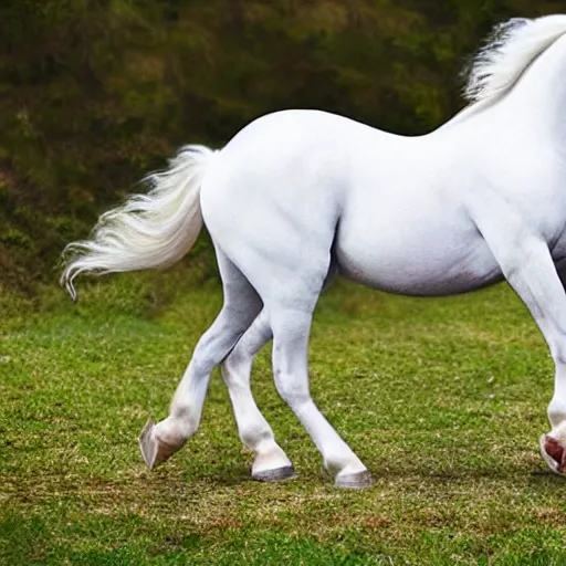 Prompt: a beautiful white realistic horse with feet like human realistic hands