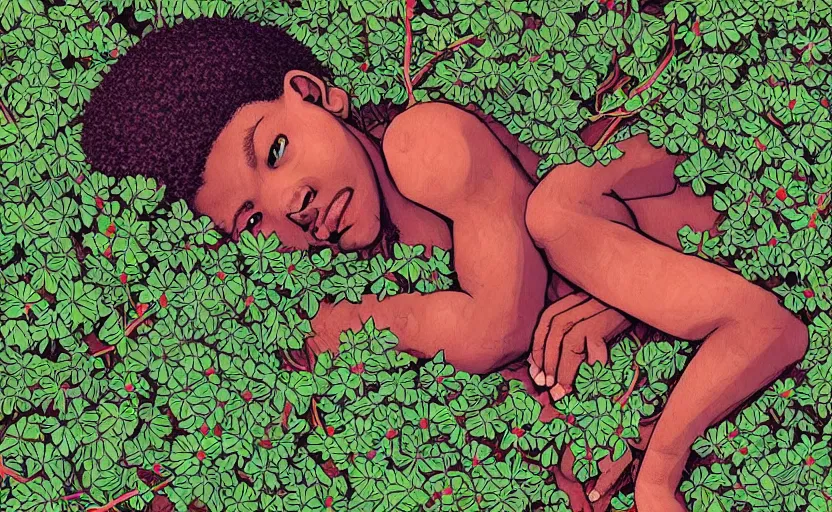 Prompt: african boy lying down in a garden - wrapped in flower vines, art by james jean, sharp, detailed, digital painting, illustration, intricate detail, pinterest, behance, art station,