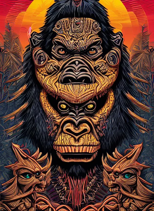 Image similar to barong family member, wiwek, mara demon, lizard tongue, one single tribe member, jungle, one single mask, dark, ancient warrior, gorilla, tribals, art by dan mumford