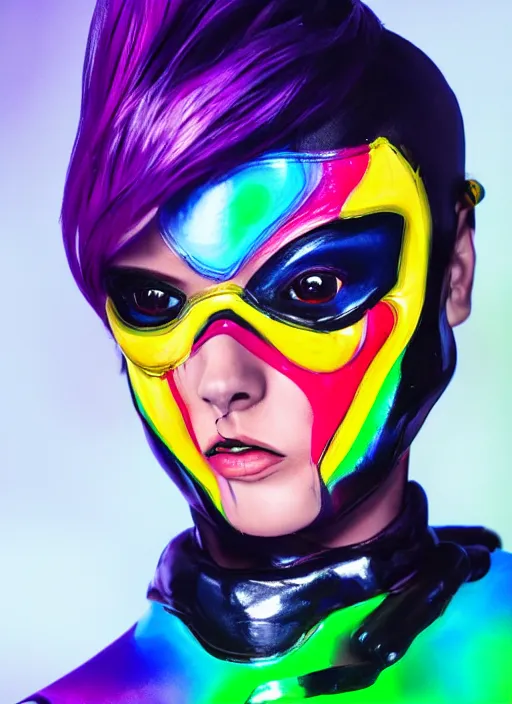 Image similar to full body abstract surreal weird oil painting portrait of tracer overwatch, confident pose, full body, full body, wearing black jagged iridescent rainbow latex armor, rainbow, neon, 4 k, expressive, makeup, wearing large rainbow neon choker, studio lighting, black latex, expressive detailed face and eyes,