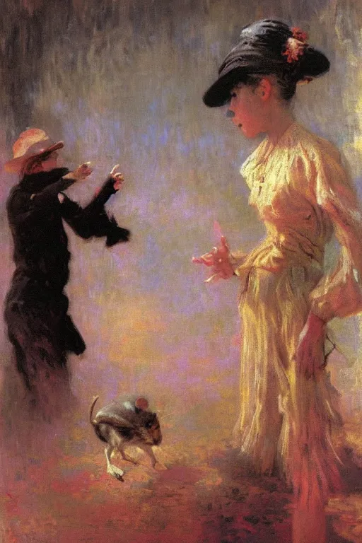 Prompt: Magnificent Painting by Ilya Repin, Monet, and Craig Mullins of a mousy girl and a girly mouse having a heated debate