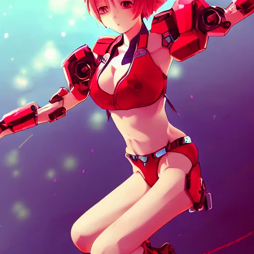 Prompt: digital anime art, very small cute girl standing on a large table, red mech arms and red mech legs, blue watery eyes!!!, short