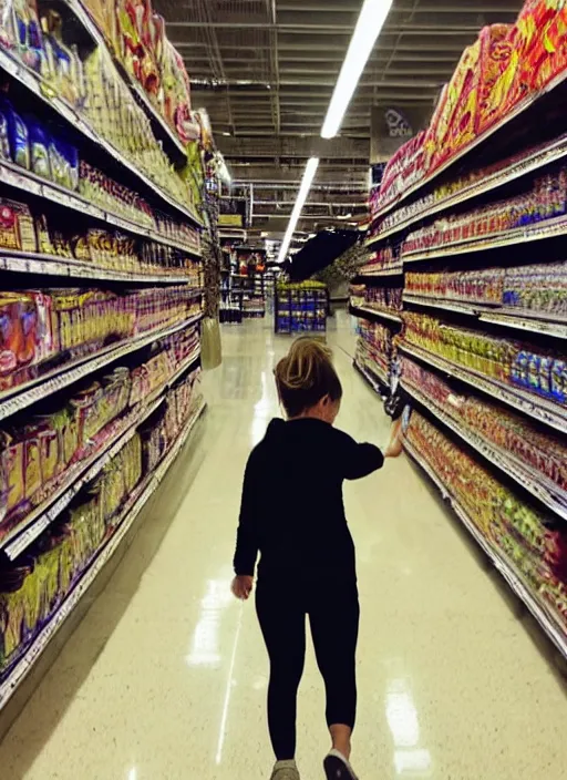 Prompt: being hunted by a monster in a labyrinth of grocery store aisles. liminal. dramatic lighting