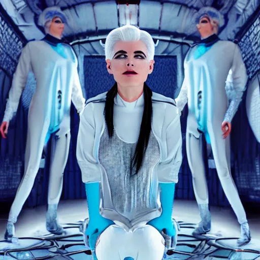 Image similar to troop of freak show women with white hair, white hair, tight light blue neopren suits, futuristic production facility, sci - fi, highly detailed, cinematic