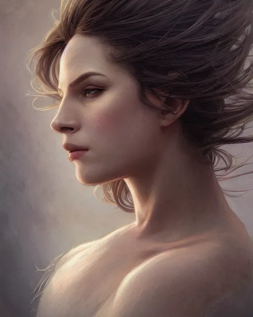 Prompt: close up portrait of a unsplash portrait model, soft hair, half body, leather, d & d, fantasy, intricate, elegant, highly detailed, digital painting, artstation, concept art, smooth, sharp focus, illustration, art by artgerm and greg rutkowski and alphonse mucha