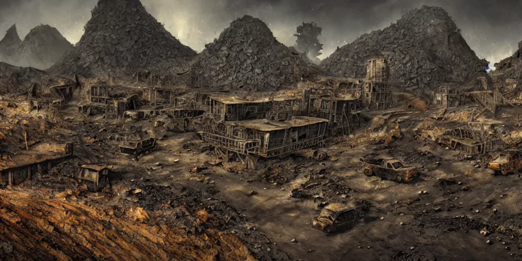 Image similar to the asphalt mines, rubble encases an abandoned mine, retro - futuristic, science - fantasy, hills, ancient tribe, rusted, fungal, salt, lgbt, queer, rpg, epic, dungeons & dragons, sacred, sharp focus, award - winning, extremely detailed, 4 k, 8 k