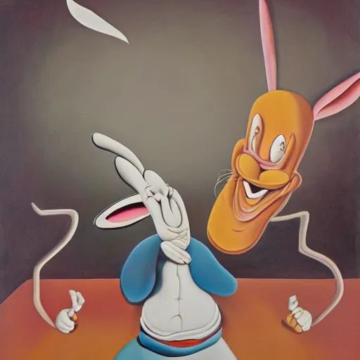 Image similar to Bugs Bunny and Elmer Fudd in the style of Dali, surrealism, oil on canvas