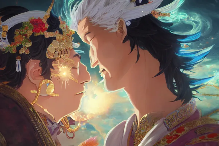 Image similar to close up moment of a divine a japan sun god and a moon goddess lovers magician at a wedding banquet, highly detailed, d & d, fantasy, 4 k realistic, digital painting, trending on artstation, concept art, sharp focus, illustration, art by makoto shinkai and akihiko yoshida and daniel gerhartz